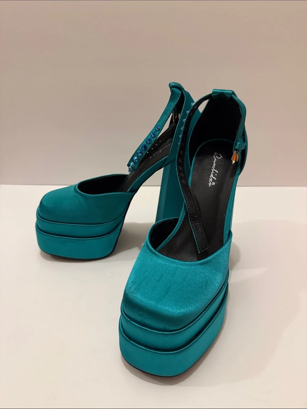 Satin Teal Platform Pumps with Ankle Strap